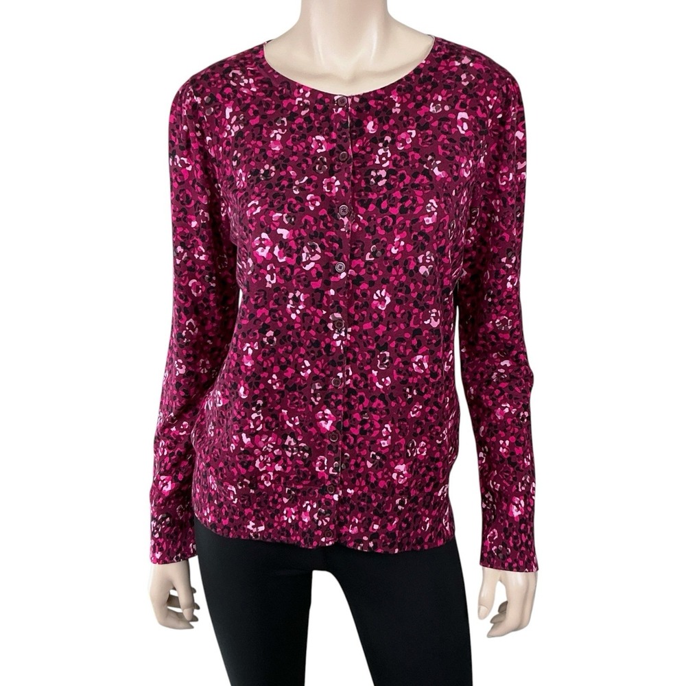 Talbots Cardigan Women Large Pink Black Floral Long Sleeve‎ Button Down Sweater